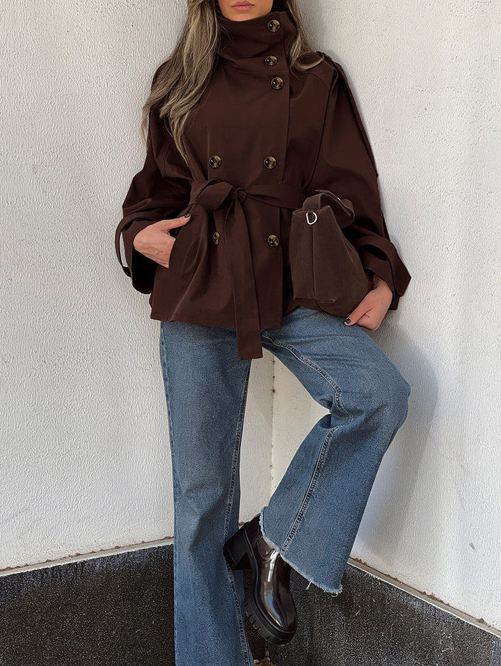 Women’s Trench Coat with High Neckline and Waist Tie
