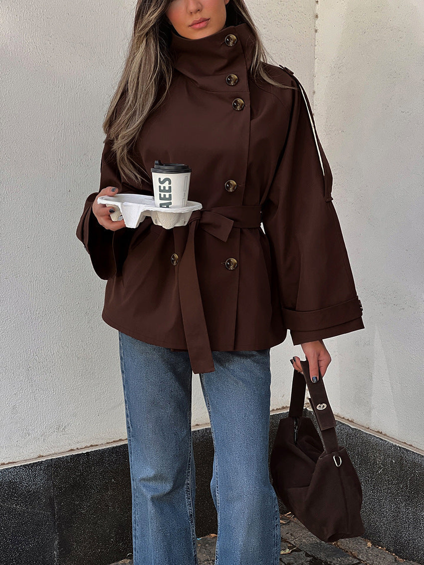 Women’s Trench Coat with High Neckline and Waist Tie