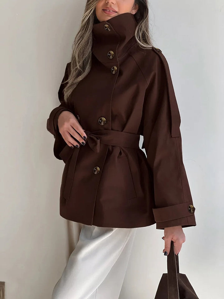 Women’s Trench Coat with High Neckline and Waist Tie