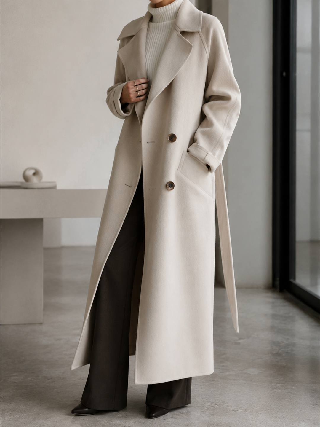 Women’s Trench Coat with Lapel Collar and Waist Tie