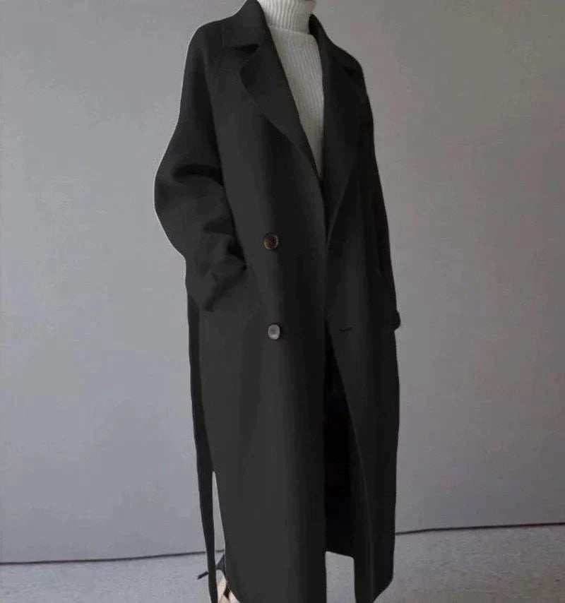 Women’s Trench Coat with Lapel Collar and Waist Tie