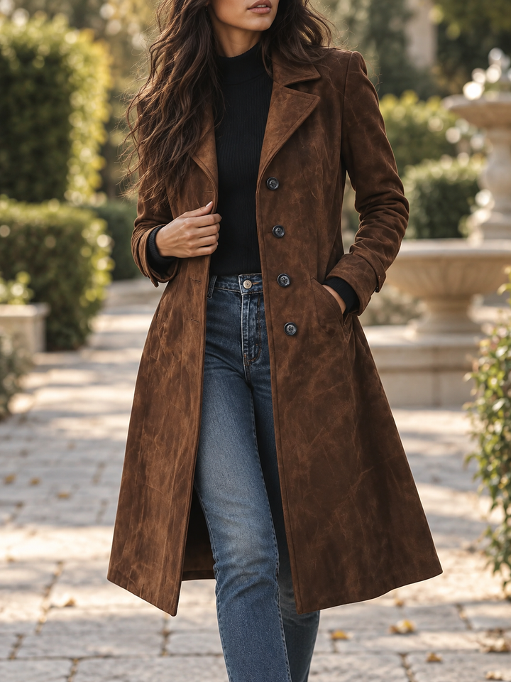 Women’s Trench Coat with Notched Collar and Front Button Closure