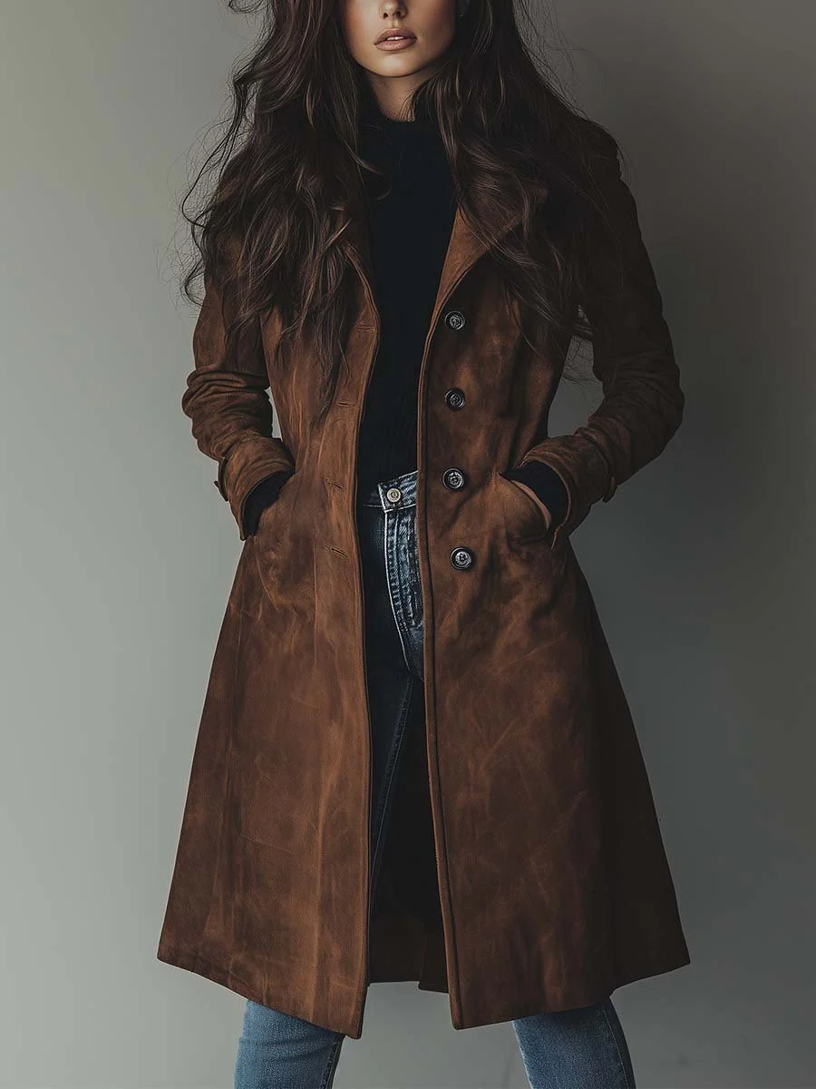 Women’s Trench Coat with Notched Collar and Front Button Closure