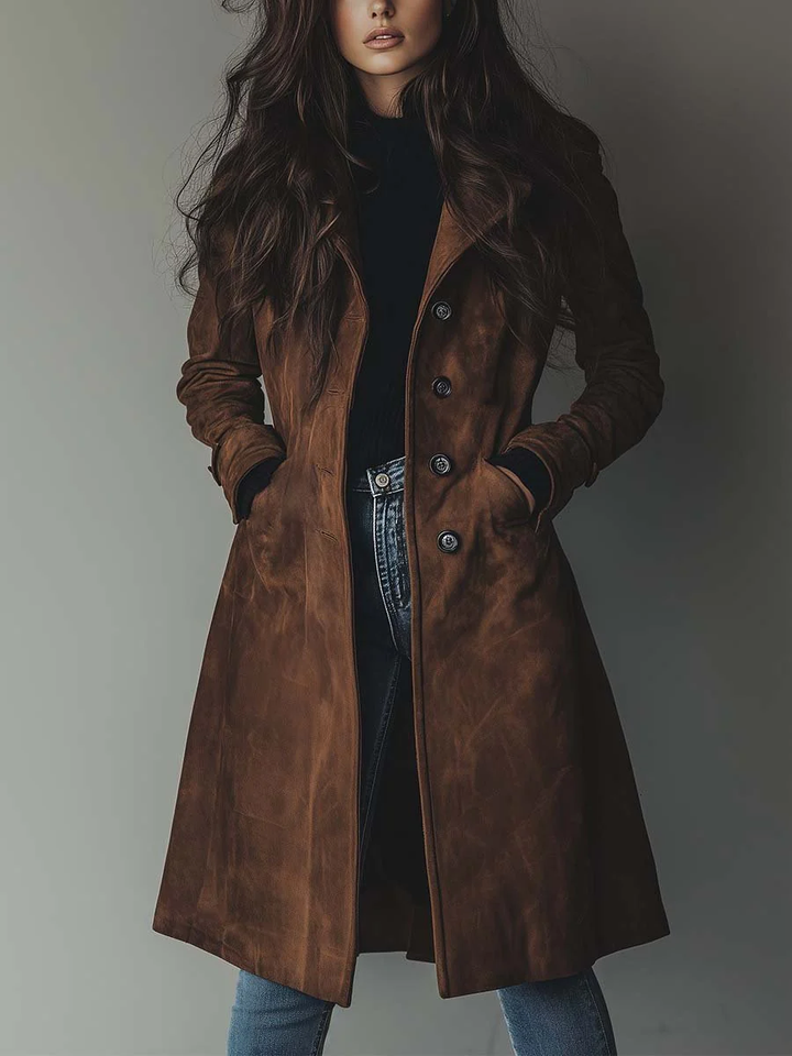 Women’s Trench Coat with Notched Collar and Front Button Closure