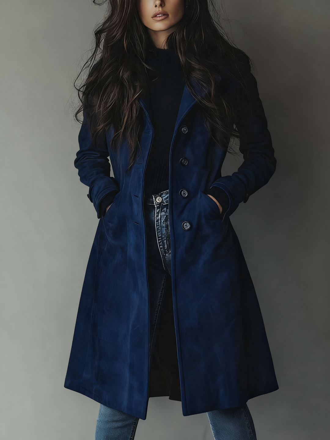 Women’s Trench Coat with Notched Collar and Front Button Closure