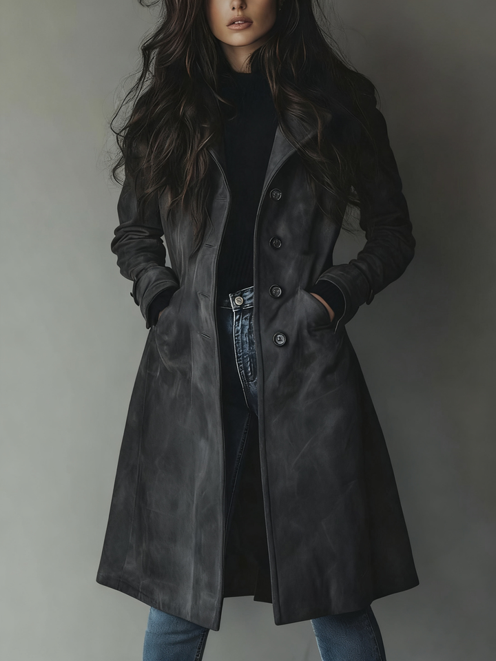 Women’s Trench Coat with Notched Collar and Front Button Closure