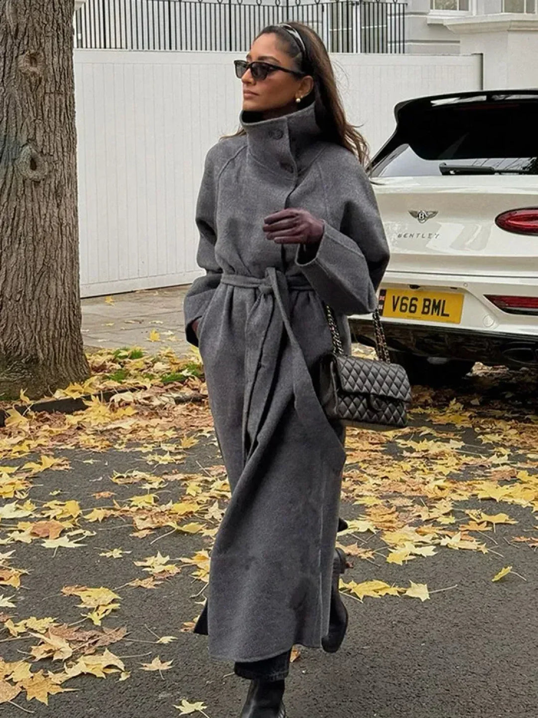 Women’s Trench Coat with Stand Collar and Belted Waist