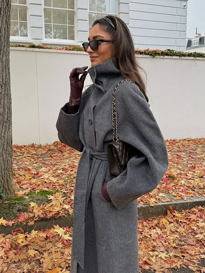 Women’s Trench Coat with Stand Collar and Belted Waist