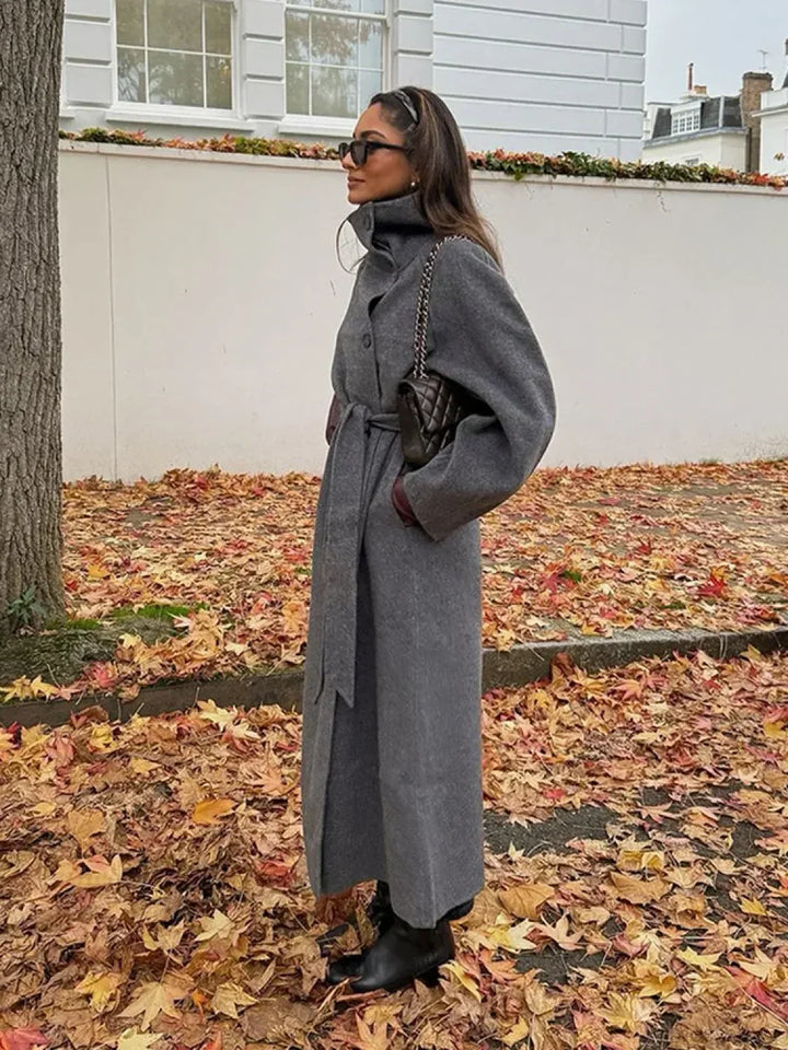 Women’s Trench Coat with Stand Collar and Belted Waist
