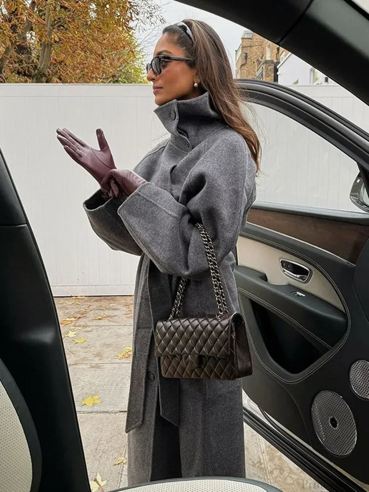 Women’s Trench Coat with Stand Collar and Belted Waist