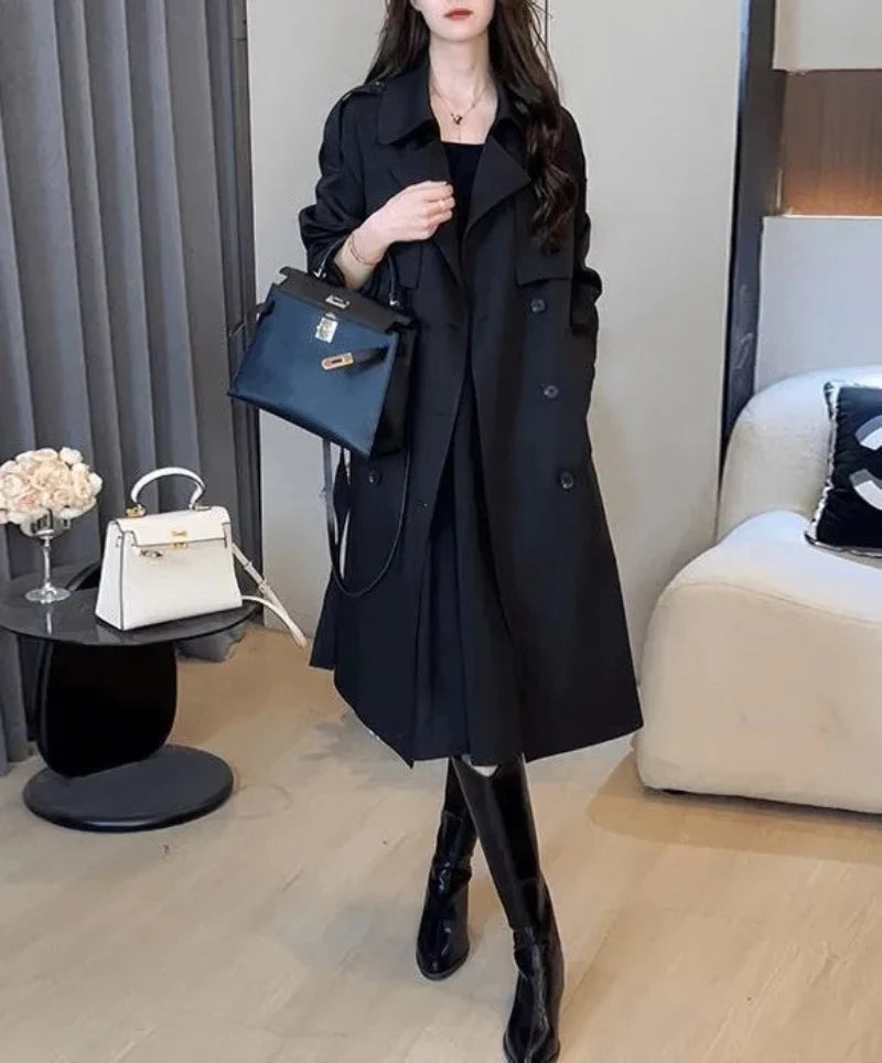 Women’s Trench Coat with Wide Lapel Collar and Double-Breasted Buttons