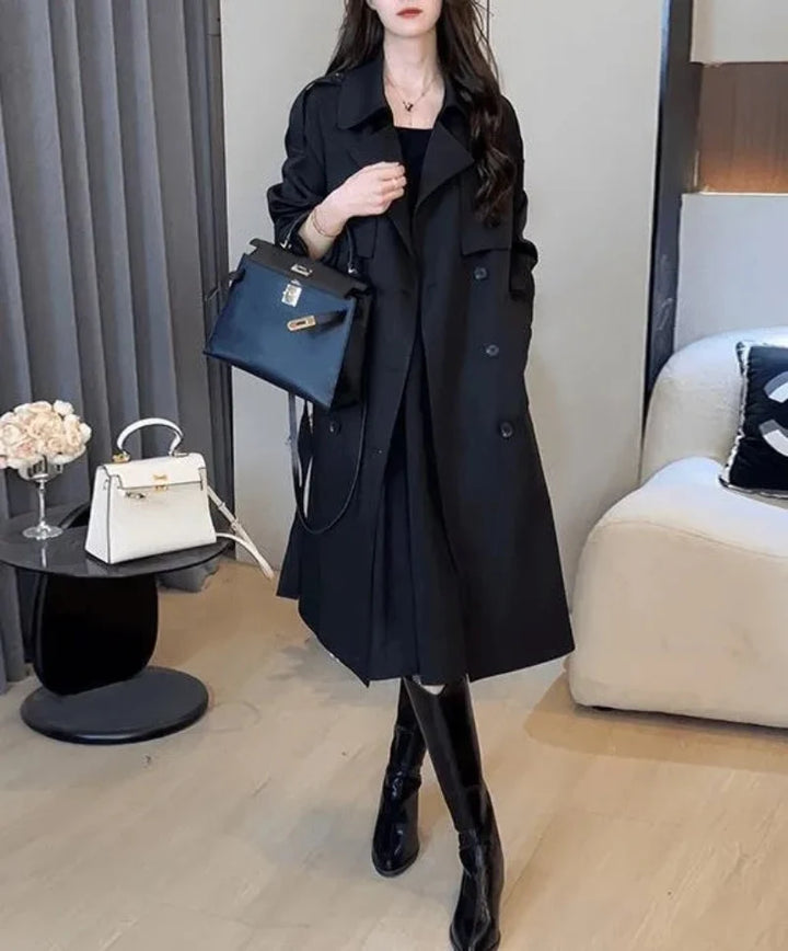 Women’s Trench Coat with Wide Lapel Collar and Double-Breasted Buttons