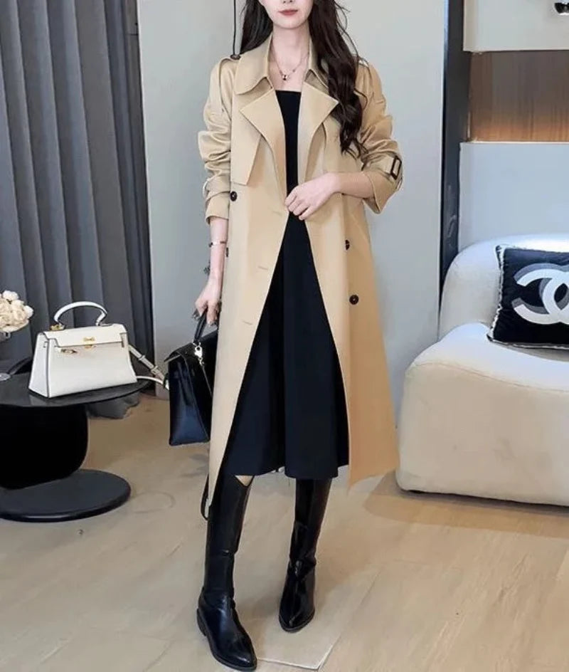 Women’s Trench Coat with Wide Lapel Collar and Double-Breasted Buttons