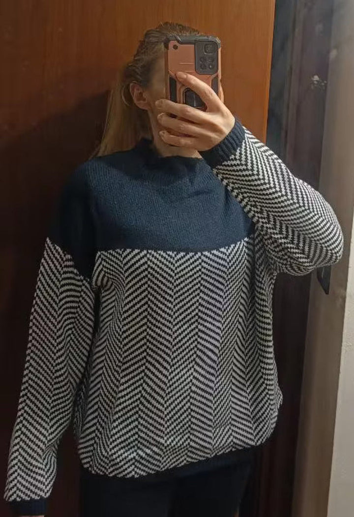 Women’s Turtleneck Cable Knit Jumper with Chevron Pattern and Ribbed Trim