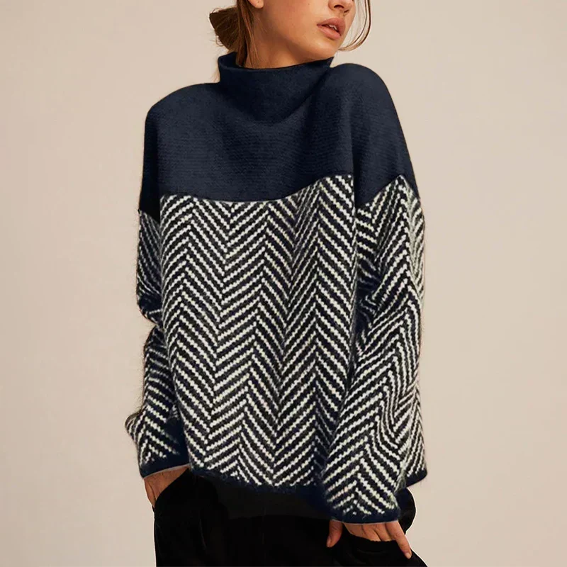 Women’s Turtleneck Cable Knit Jumper with Chevron Pattern and Ribbed Trim