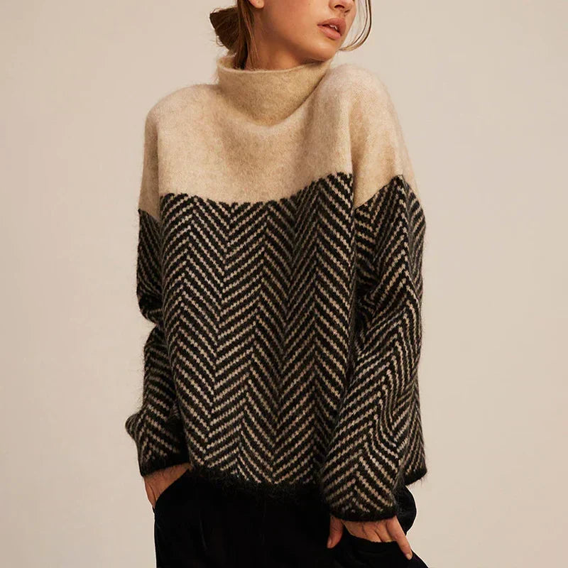 Women’s Turtleneck Cable Knit Jumper with Chevron Pattern and Ribbed Trim