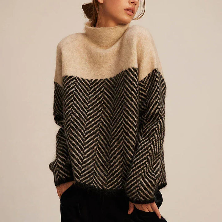 Women’s Turtleneck Cable Knit Jumper with Chevron Pattern and Ribbed Trim
