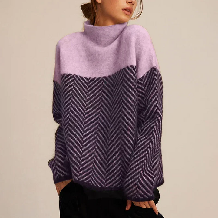 Women’s Turtleneck Cable Knit Jumper with Chevron Pattern and Ribbed Trim