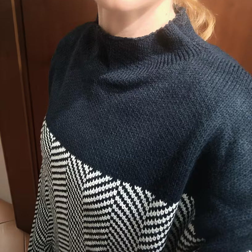 Women’s Turtleneck Cable Knit Jumper with Chevron Pattern and Ribbed Trim