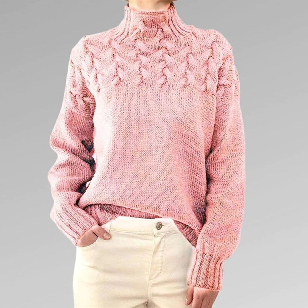 Women’s Turtleneck Cable Knit Jumper with Raised Pattern and Ribbed Cuffs