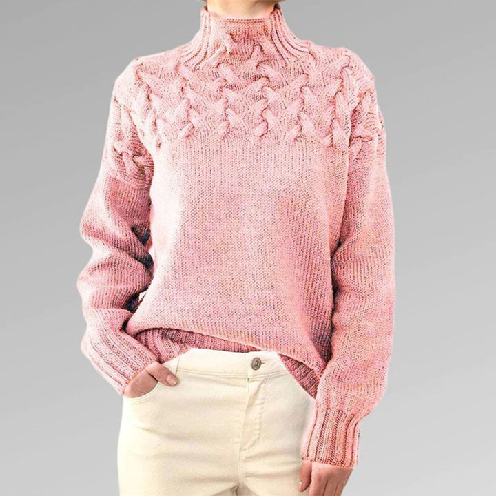 Women’s Turtleneck Cable Knit Jumper with Raised Pattern and Ribbed Cuffs