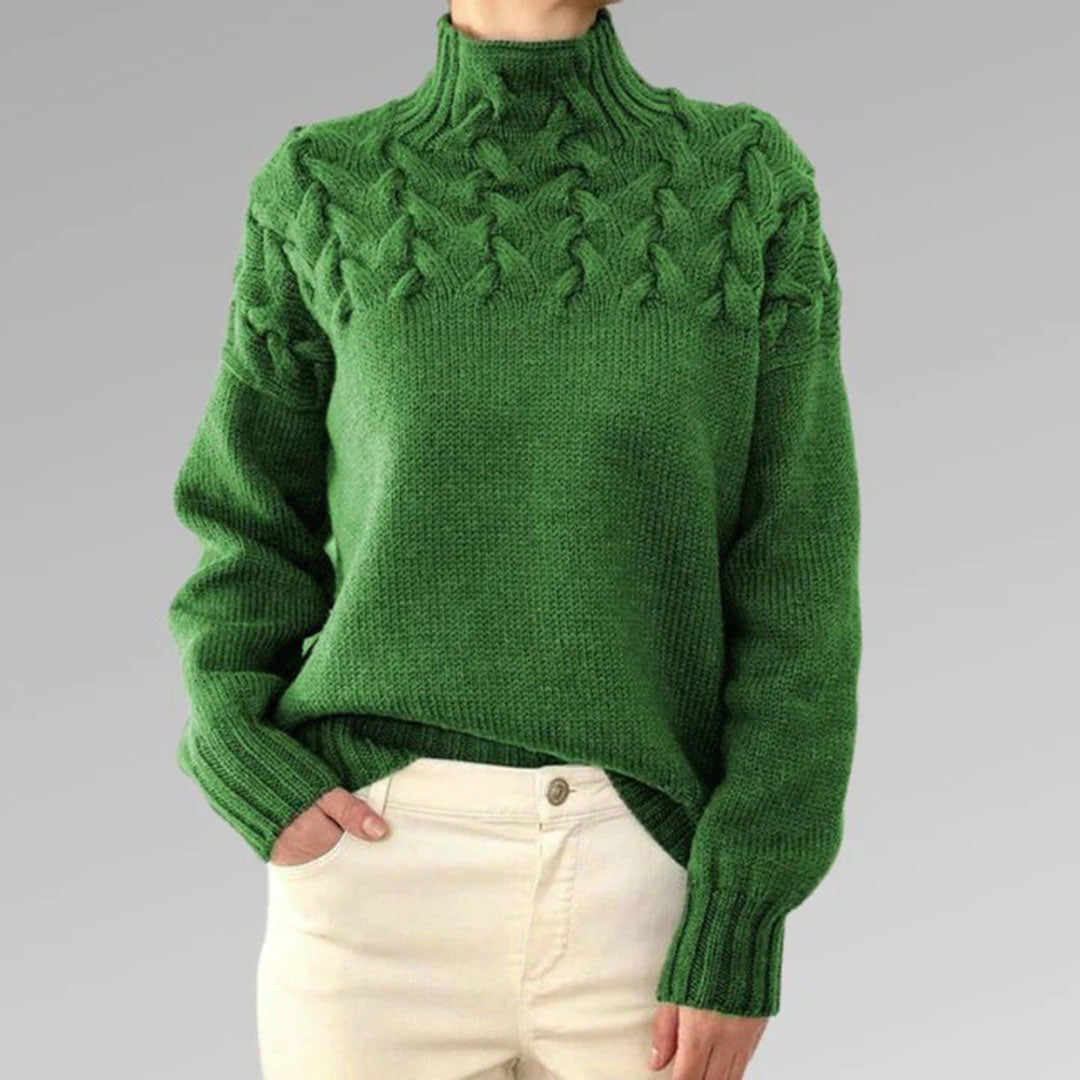 Women’s Turtleneck Cable Knit Jumper with Raised Pattern and Ribbed Cuffs
