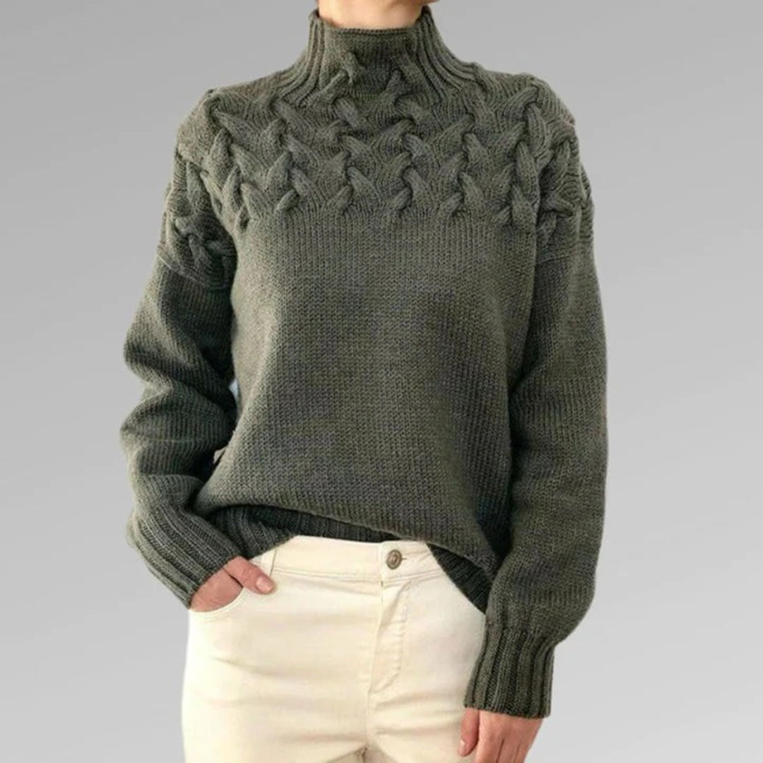 Women’s Turtleneck Cable Knit Jumper with Raised Pattern and Ribbed Cuffs