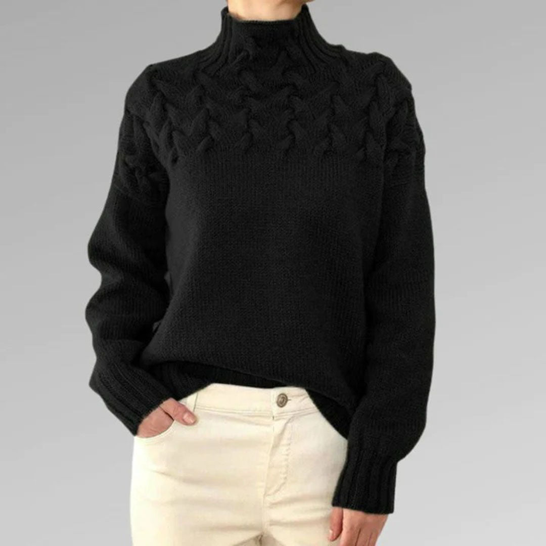 Women’s Turtleneck Cable Knit Jumper with Raised Pattern and Ribbed Cuffs