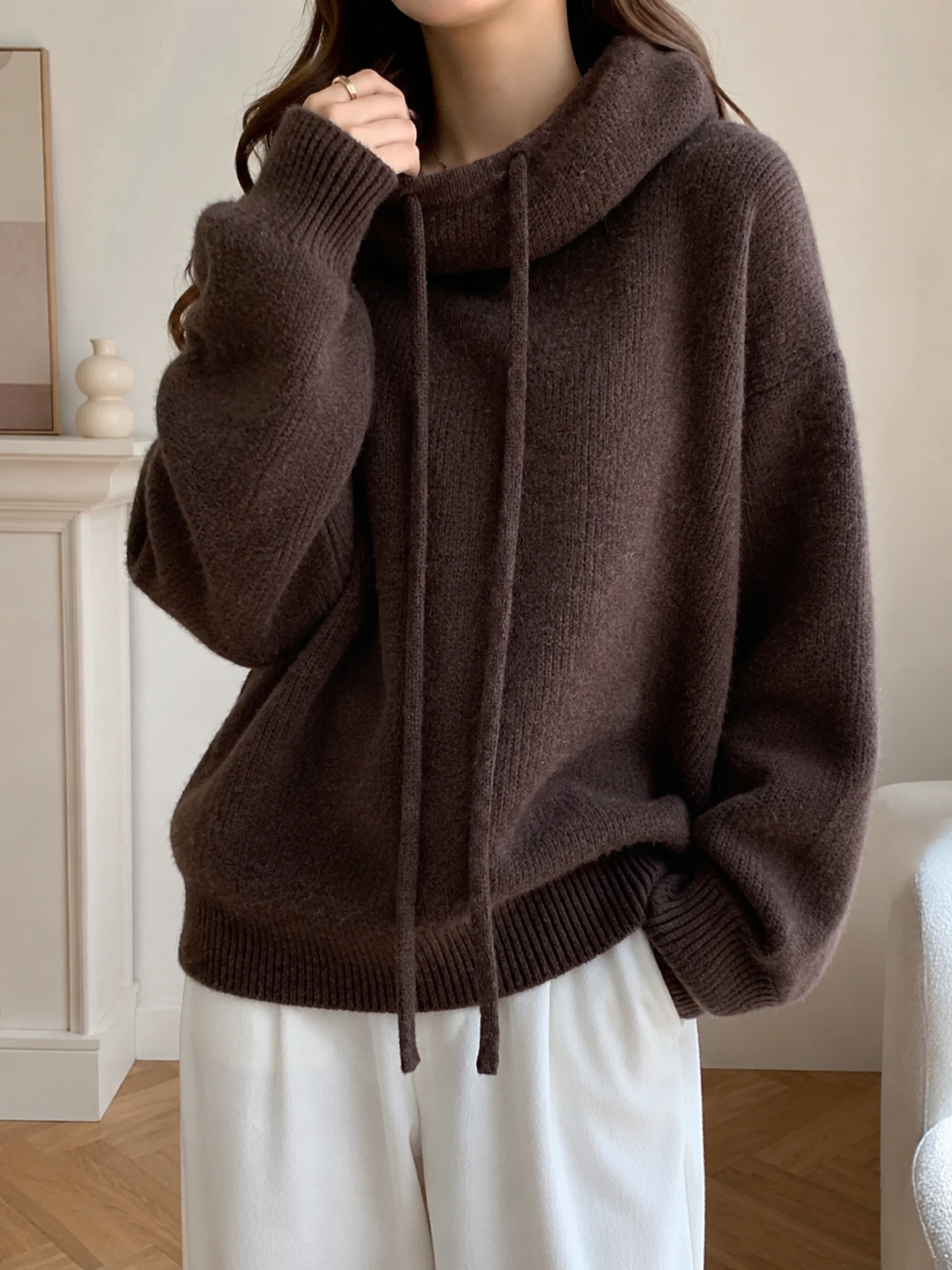 Women’s Turtleneck Hoodie with Drawstring Neckline and Ribbed Trim