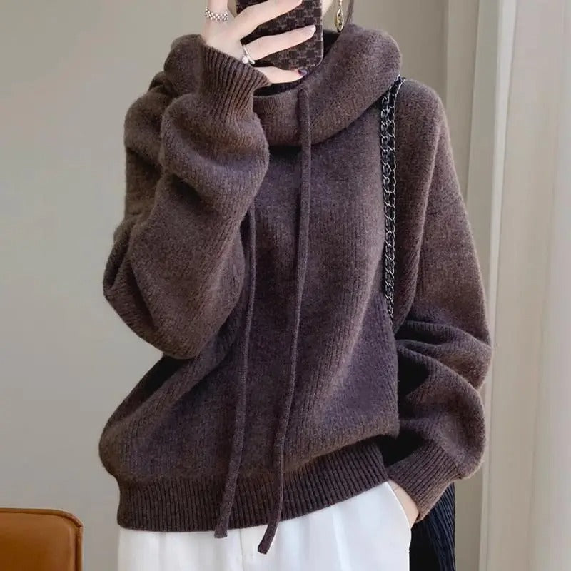 Women’s Turtleneck Hoodie with Drawstring Neckline and Ribbed Trim