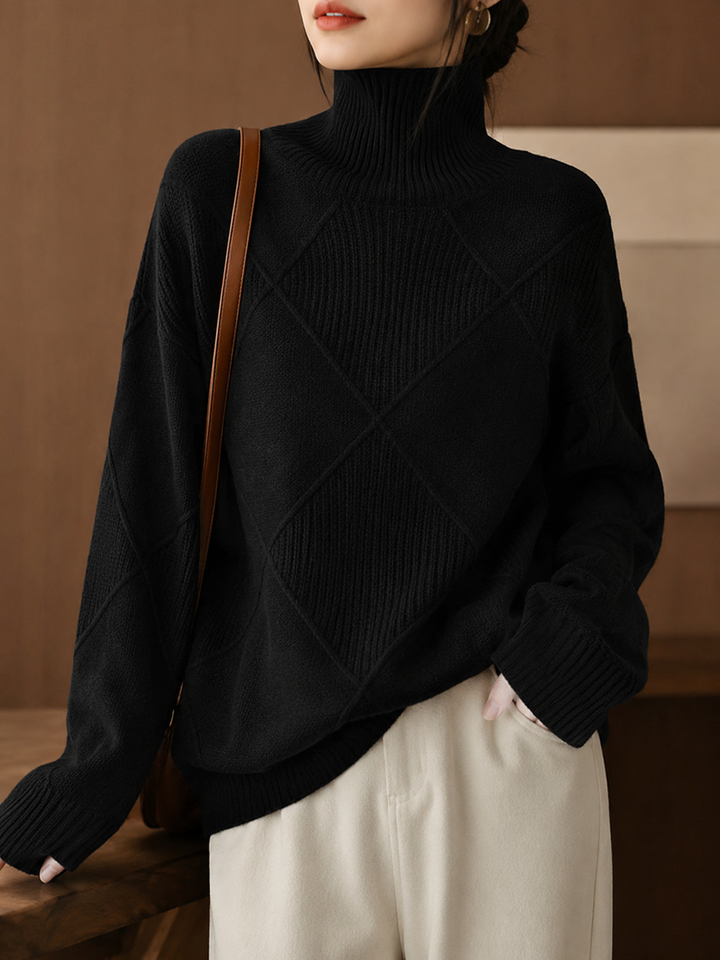 Women’s Turtleneck Jumper with Diamond Panel Detail and Ribbed Trim