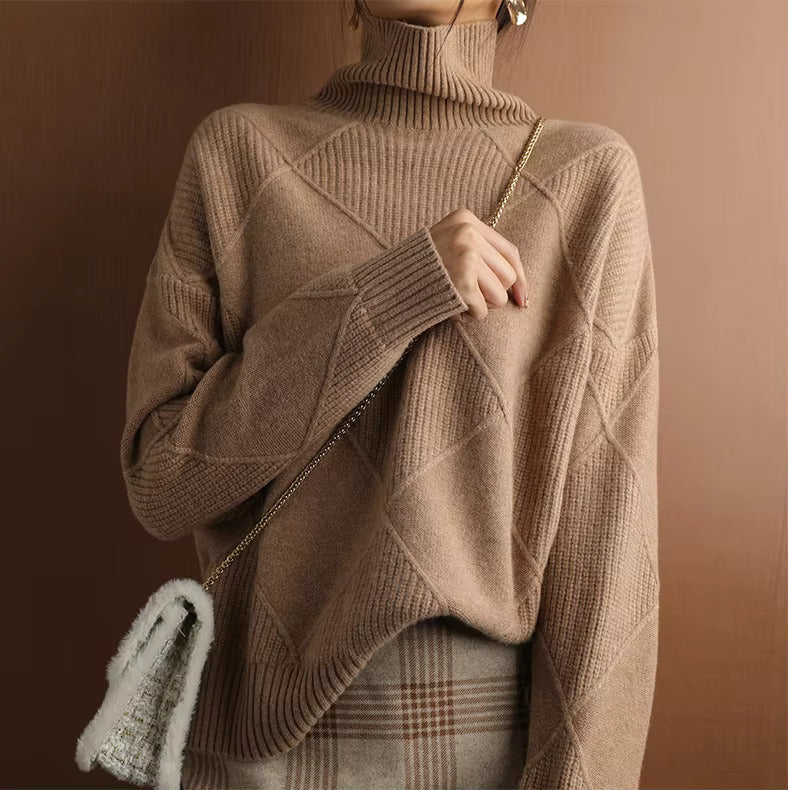 Women’s Turtleneck Jumper with Diamond Panel Detail and Ribbed Trim