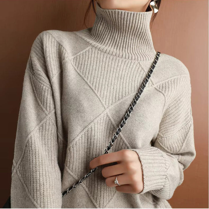 Women’s Turtleneck Jumper with Diamond Panel Detail and Ribbed Trim
