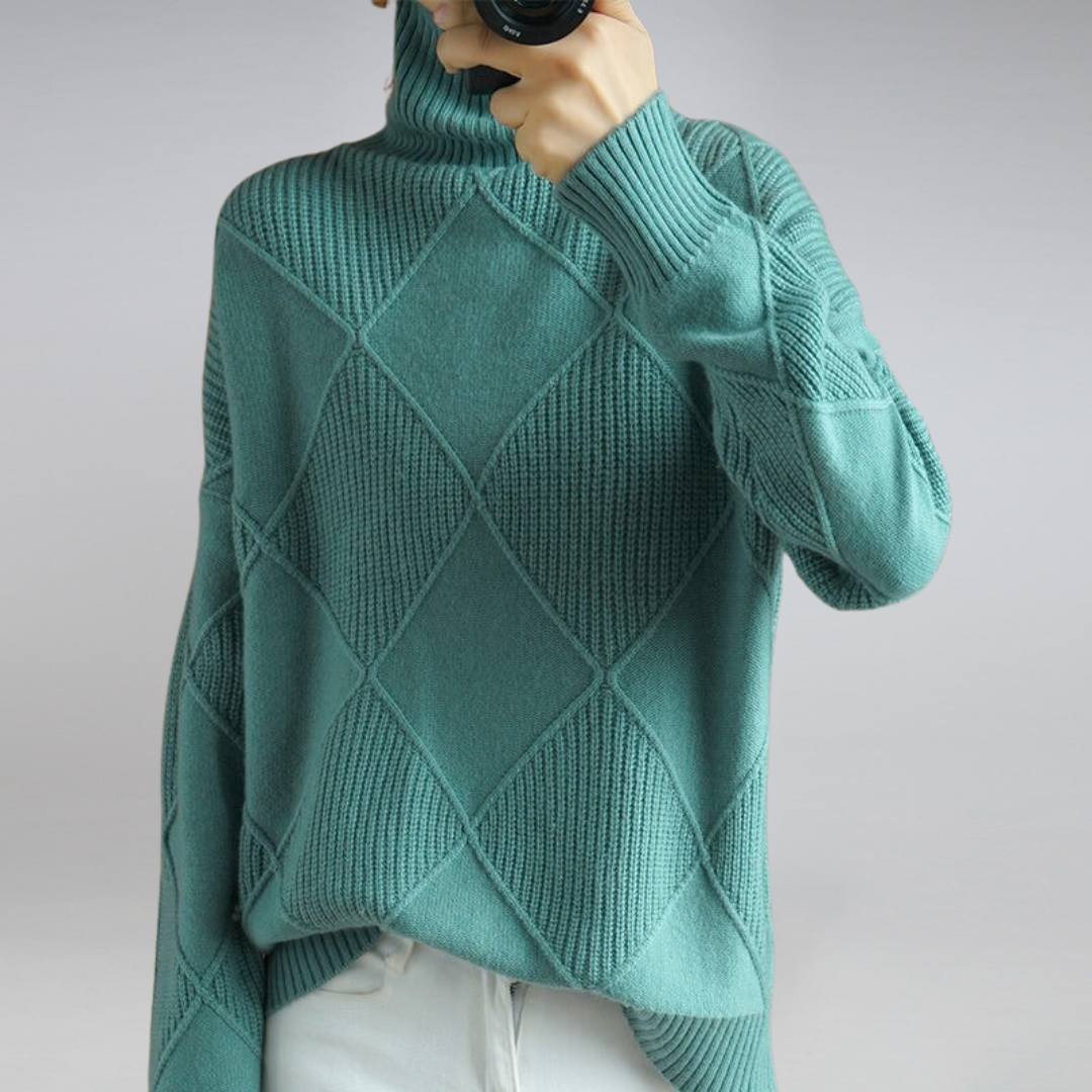 Women’s Turtleneck Jumper with Diamond Panel Detail and Ribbed Trim