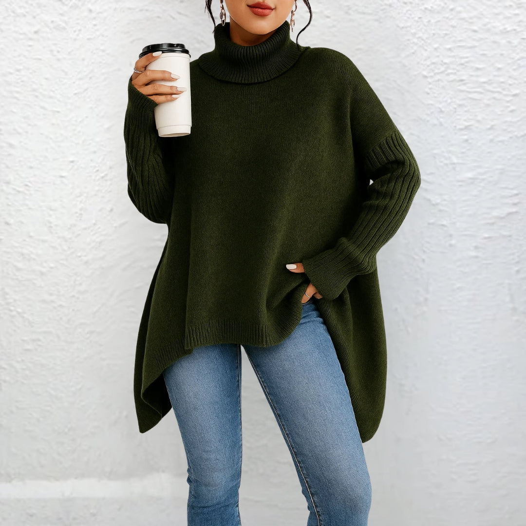 Front view showing turtleneck, long sleeves and hip-length hem, green