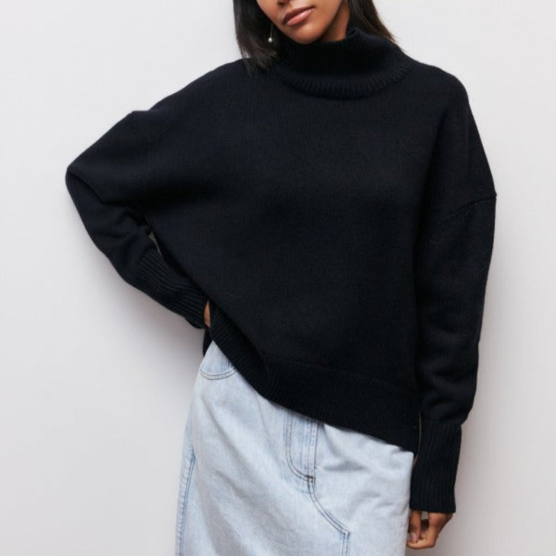 Women’s Turtleneck Jumper with Ribbed Cuffs and Dropped Shoulders