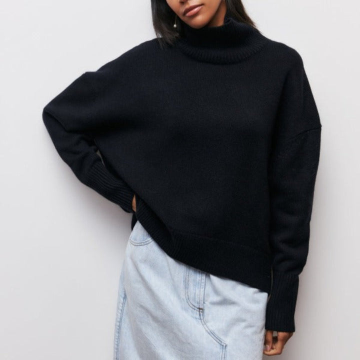 Women’s Turtleneck Jumper with Ribbed Cuffs and Dropped Shoulders