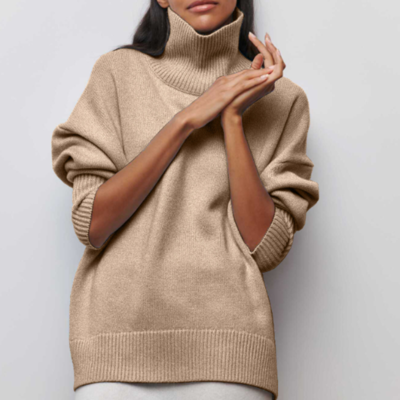 Women’s Turtleneck Jumper with Ribbed Cuffs and Dropped Shoulders