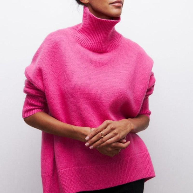 Women’s Turtleneck Jumper with Ribbed Cuffs and Dropped Shoulders