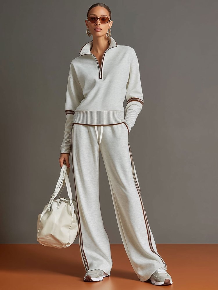 Women’s Two-Piece Loungewear Set with Half Zip Top and Side Stripe Pants