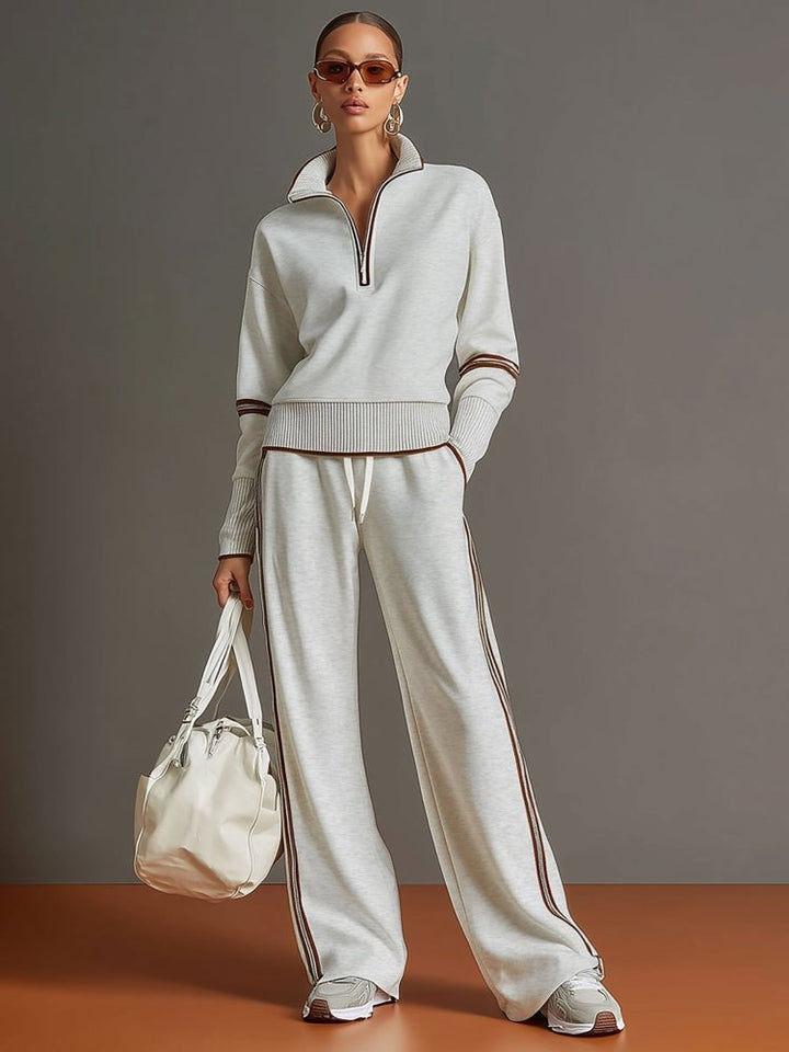 Women’s Two-Piece Loungewear Set with Half Zip Top and Side Stripe Pants