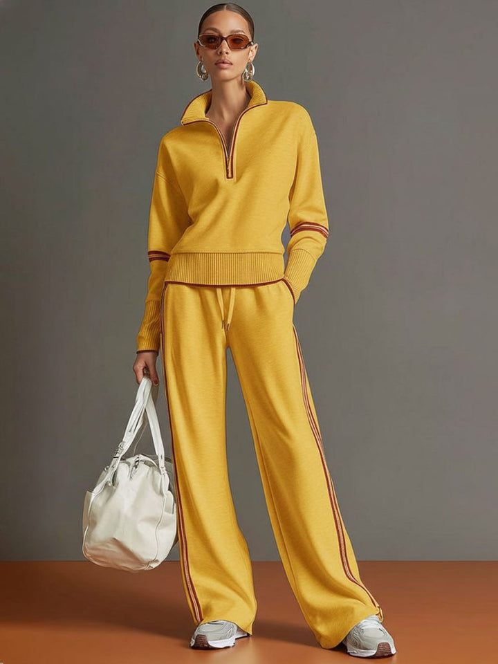 Women’s Two-Piece Loungewear Set with Half Zip Top and Side Stripe Pants