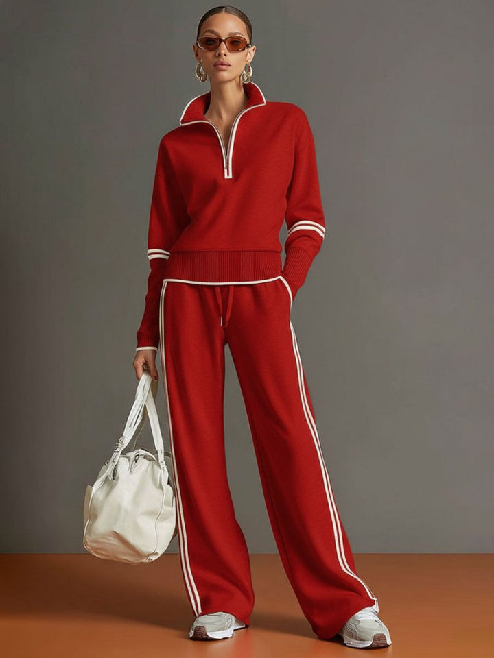Women’s Two-Piece Loungewear Set with Half Zip Top and Side Stripe Pants