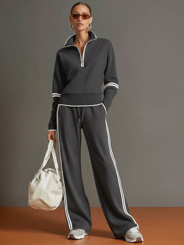 Women’s Two-Piece Loungewear Set with Half Zip Top and Side Stripe Pants