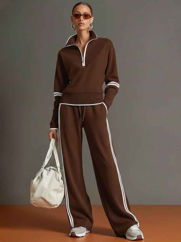 Women’s Two-Piece Loungewear Set with Half Zip Top and Side Stripe Pants