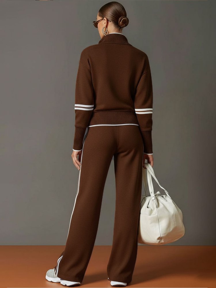 Women’s Two-Piece Loungewear Set with Half Zip Top and Side Stripe Pants