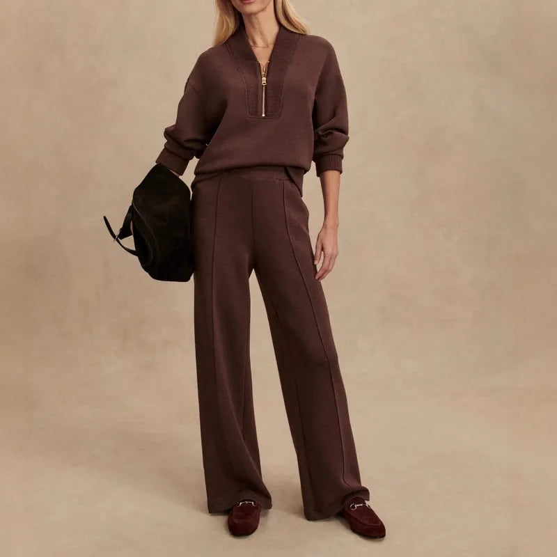 Women’s Two-Piece Loungewear Set with Zip Neckline and Wide-Leg Pants