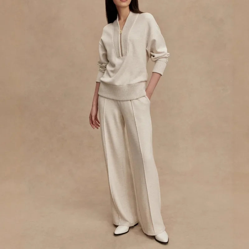 Women’s Two-Piece Loungewear Set with Zip Neckline and Wide-Leg Pants