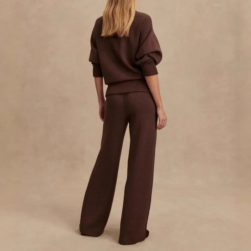 Women’s Two-Piece Loungewear Set with Zip Neckline and Wide-Leg Pants