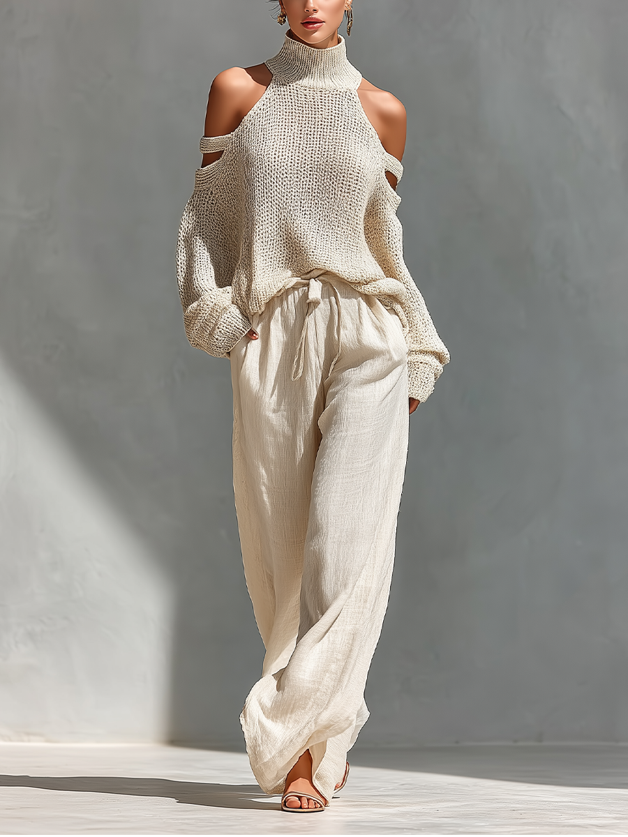 Women’s Two-Piece Set with Cold-Shoulder Top and Wide-Leg Pants
